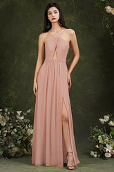 Vestido de dama de honor elegante con tirantes finos, corte halter, largo hasta el suelo, abertura y bolsillos